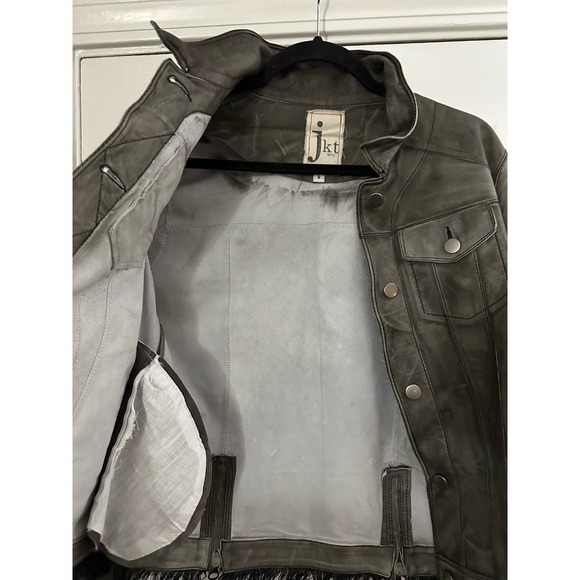 JKT NYC Alexa Patina Leather Jacket Frayed Hem Gray - Small - Picture 2 of 10
